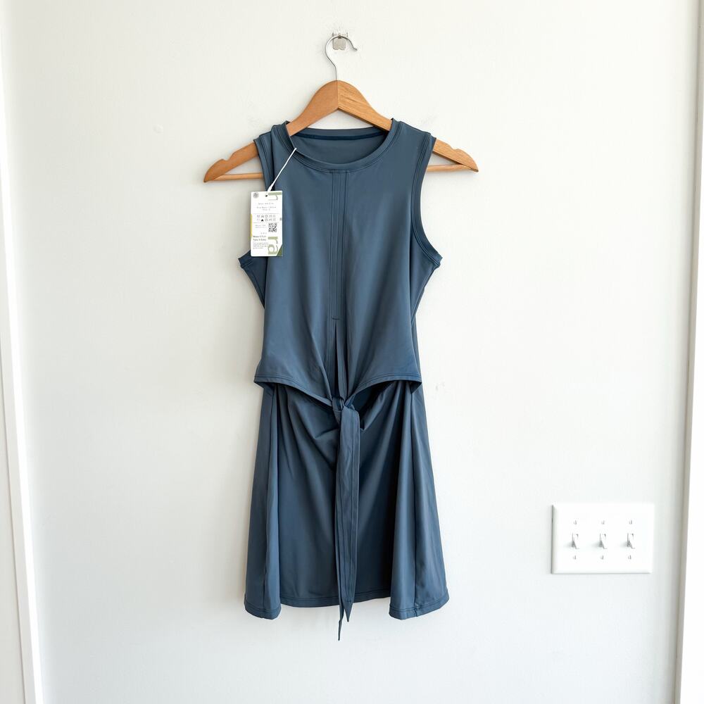 Halara Tie-Front High Neck Dress Blue Baou Oxford Blue S NWT